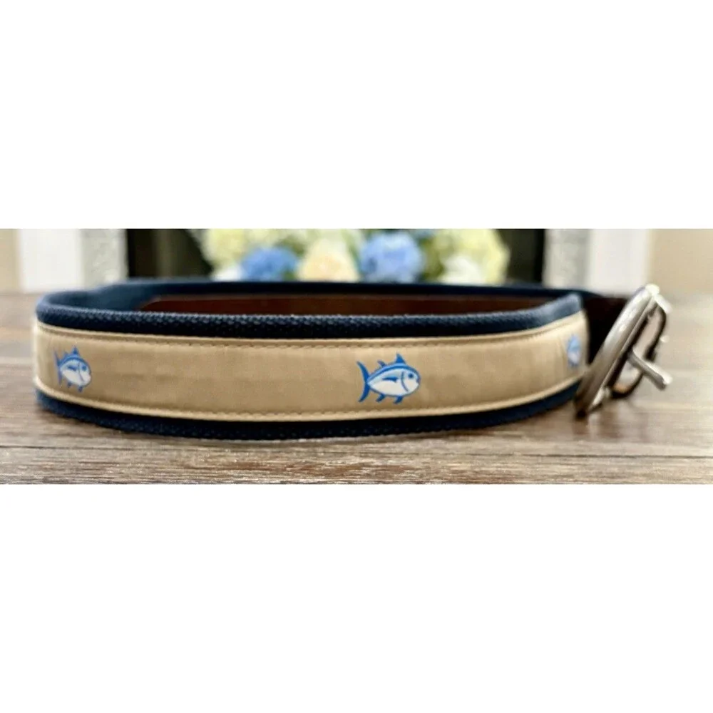 SOUTHERN TIDE Men’s “Skipjack” Ribbon Belt - Sandstone Khaki & Leather - Sz 34W